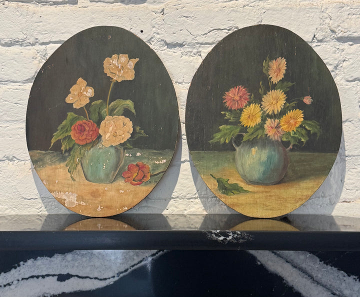 Vintage Floral Oval Painting | Antique