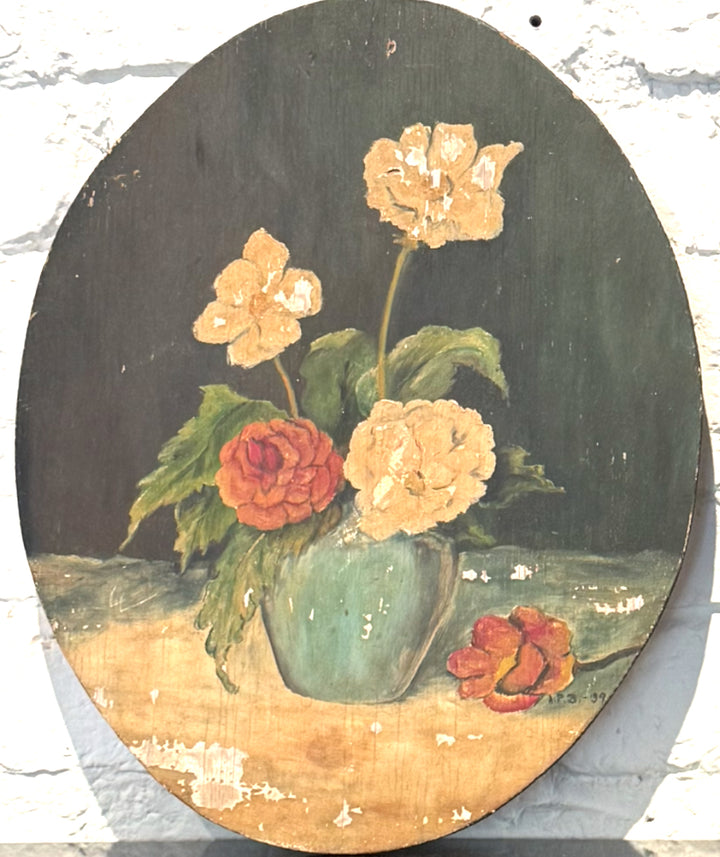 Vintage Floral Oval Painting | Antique