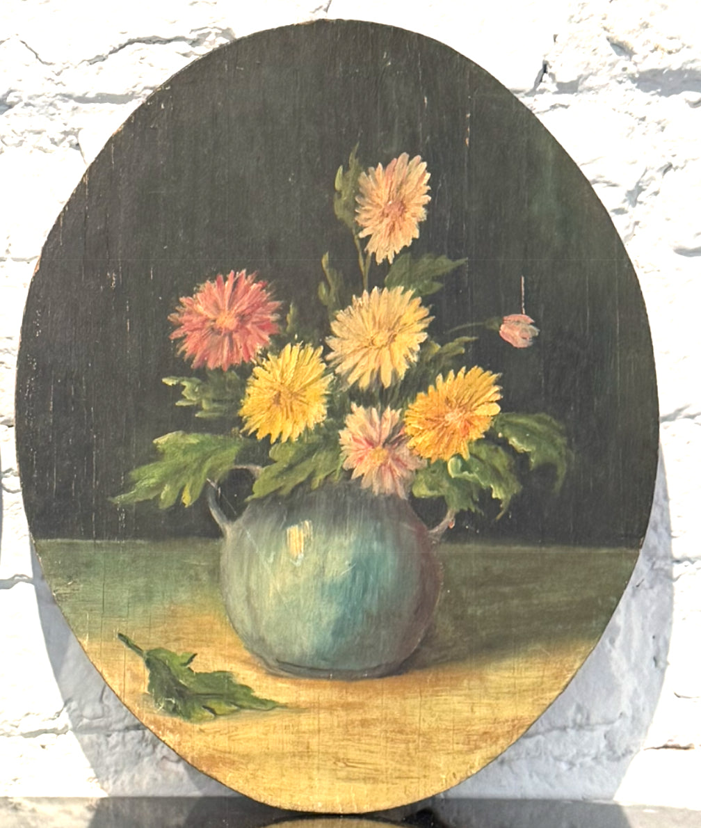 Vintage Floral Oval Painting | Antique