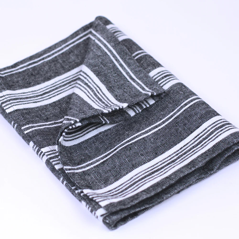 Linen Hand Towel | Stonewashed Black with White Stripes