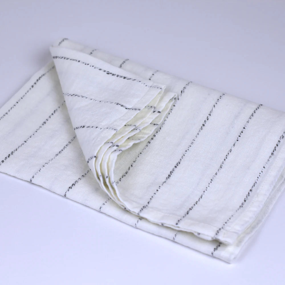 Linen Hand Towel | Stonewashed White with Twisted Black Yarn Stripes