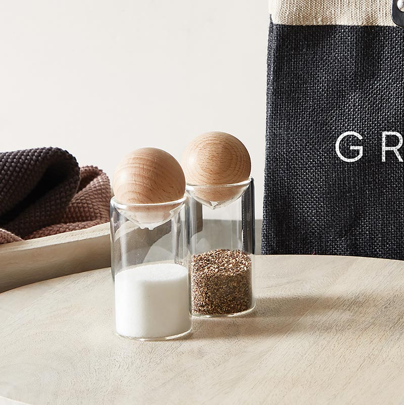 Salt + Pepper Shaker Set | Glass + Wood