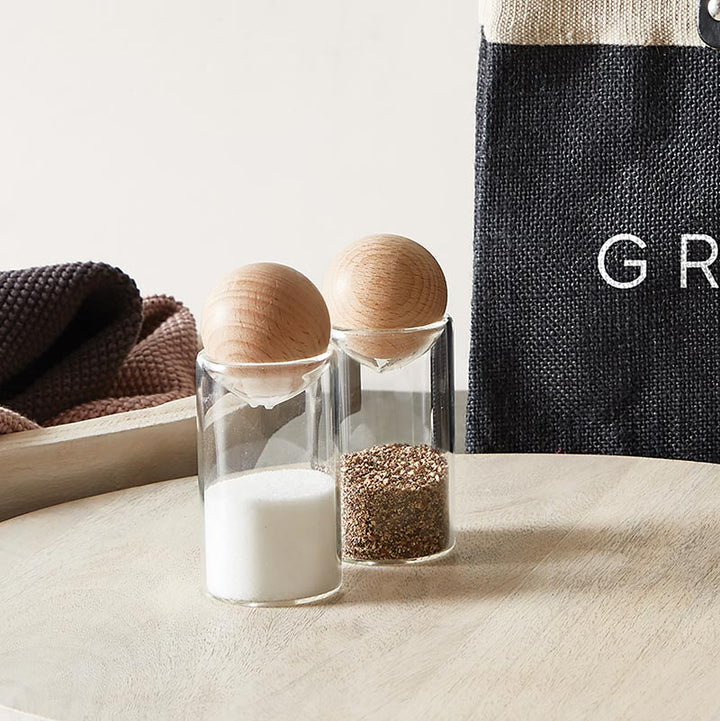 Salt + Pepper Shaker Set | Glass + Wood