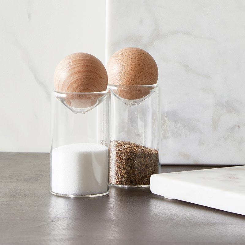 Salt + Pepper Shaker Set | Glass + Wood