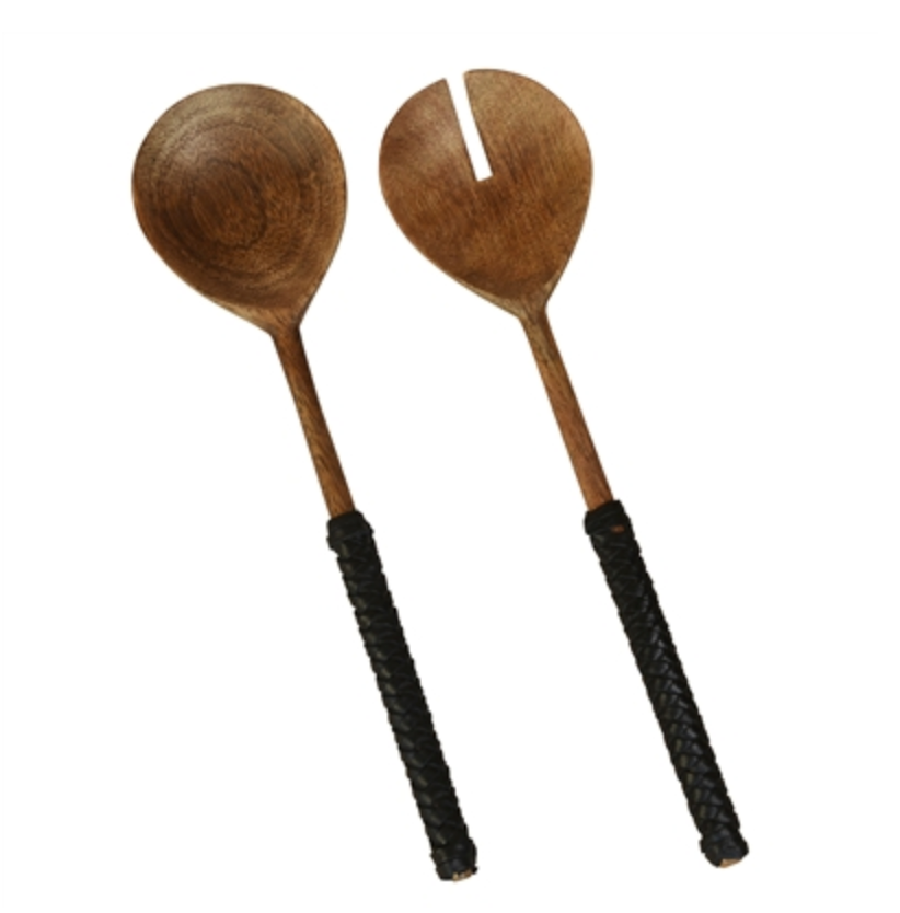 Wood + Leather Salad Servers