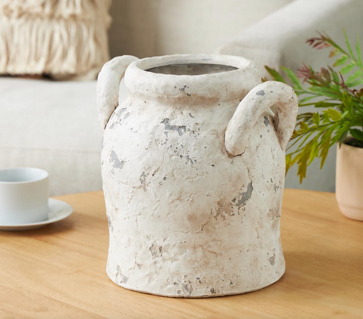 Cream Ceramic Antique Style Distressed Decorative Vase with Handles