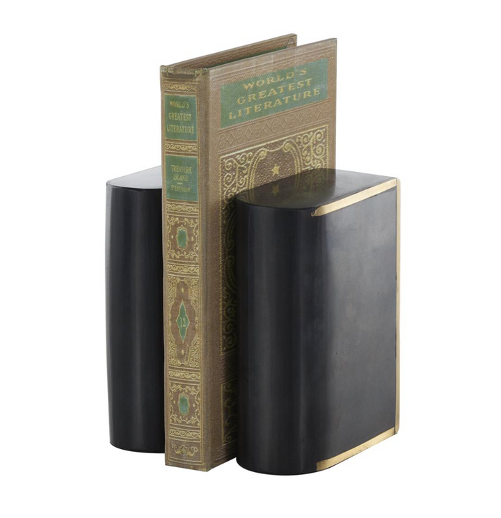 Marble Curved Rectangular Bookends | Black With Gold Accents