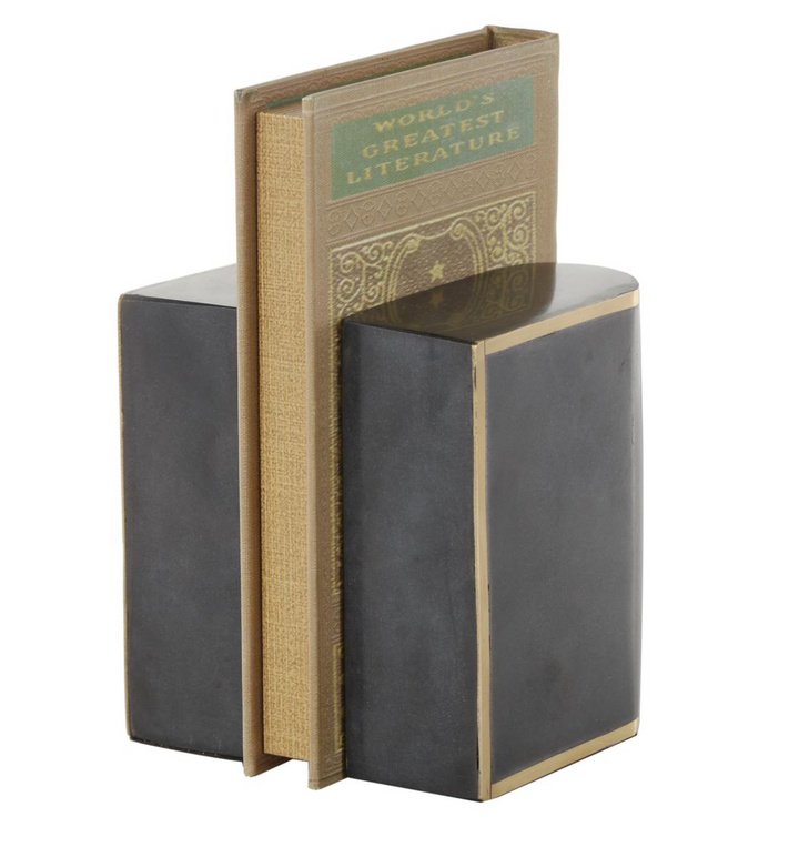 Marble Curved Rectangular Bookends | Black With Gold Accents