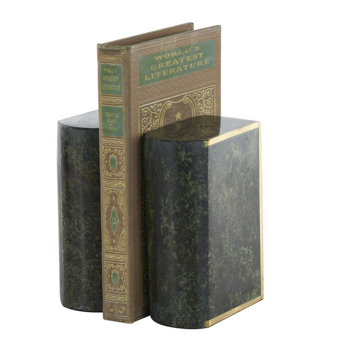 Marble Curved Rectangular Bookends | Green With Gold Accents