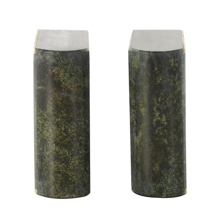 Marble Curved Rectangular Bookends | Green With Gold Accents