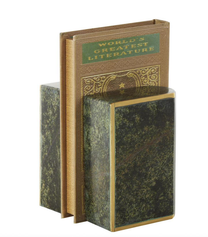 Marble Curved Rectangular Bookends | Green With Gold Accents
