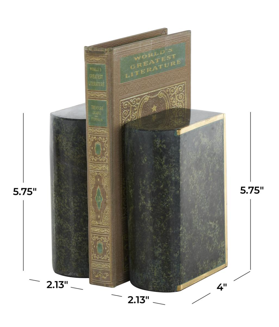 Marble Curved Rectangular Bookends | Green With Gold Accents