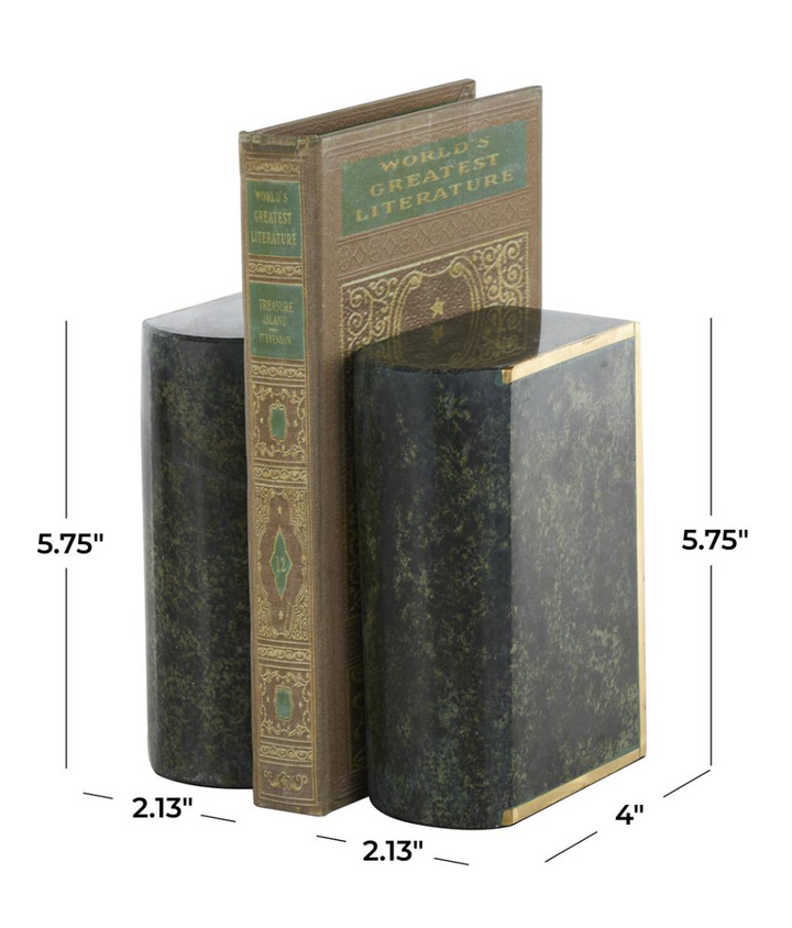 Marble Curved Rectangular Bookends | Green With Gold Accents
