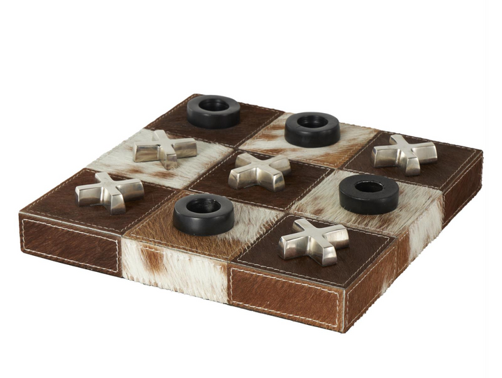 Brown Aluminum Metal Tic Tac Toe Cowhide Home Decor Game Set