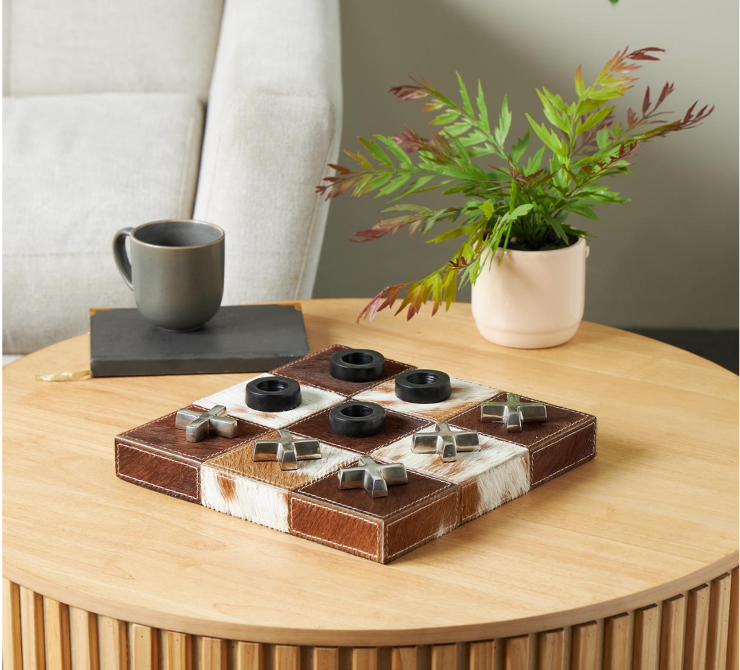 Brown Aluminum Metal Tic Tac Toe Cowhide Home Decor Game Set