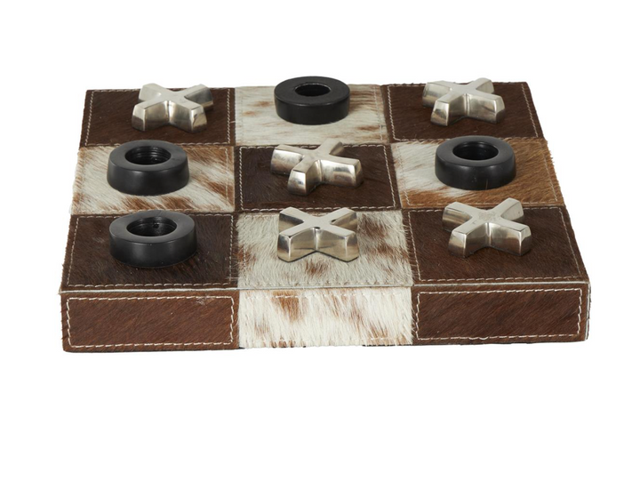 Brown Aluminum Metal Tic Tac Toe Cowhide Home Decor Game Set
