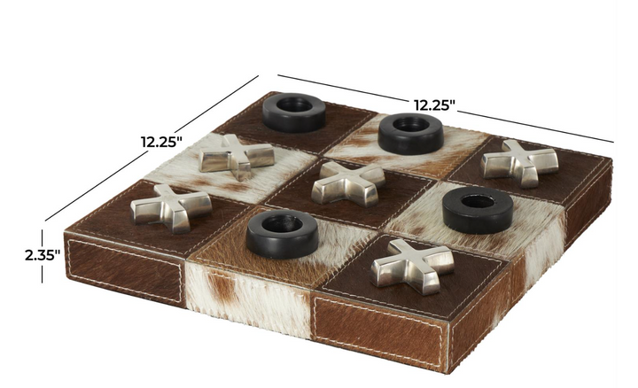 Brown Aluminum Metal Tic Tac Toe Cowhide Home Decor Game Set