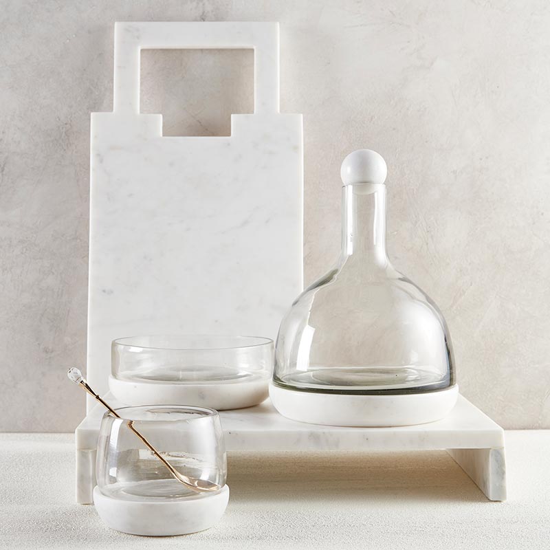 Glass Decanter W/White Marble Base + Topper